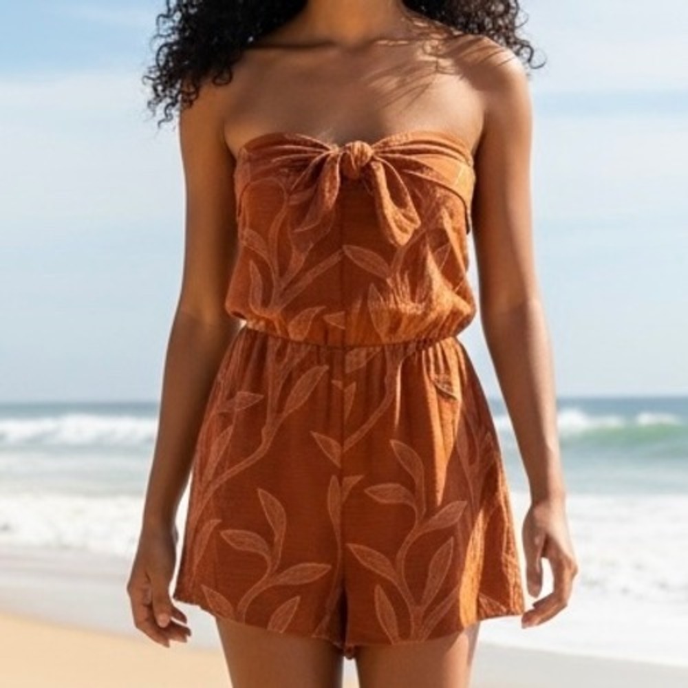 Rust Leaf Romper Jumpsuit Tie Strapless Smocked Coastal Vacation Cruise BohoSz L